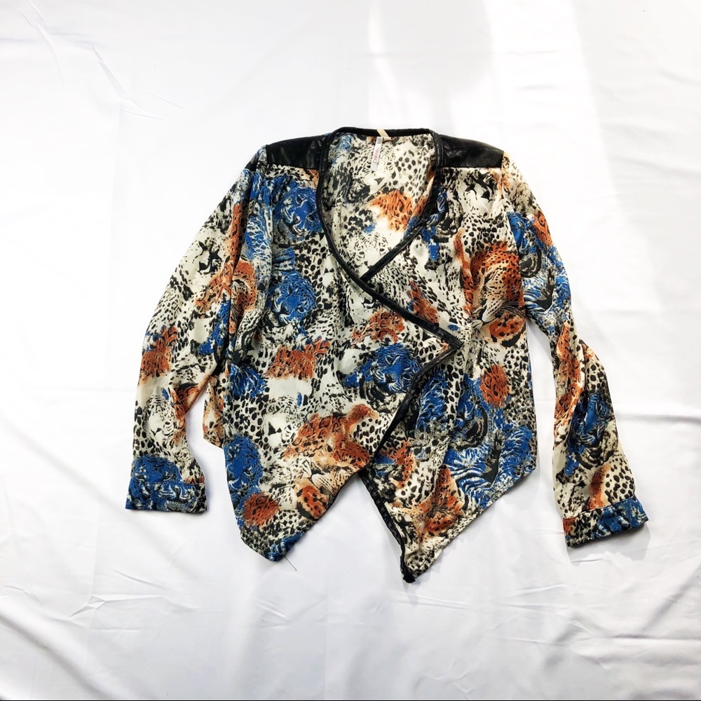 Mixed Animal Print Top w Vegan Leather Trim